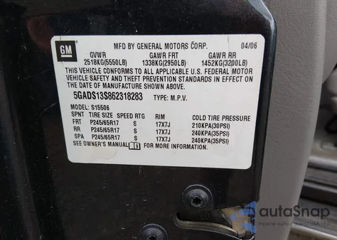 2006 Buick Rainier Cxl from USA, damaged, VIN 5GADS13S862318283